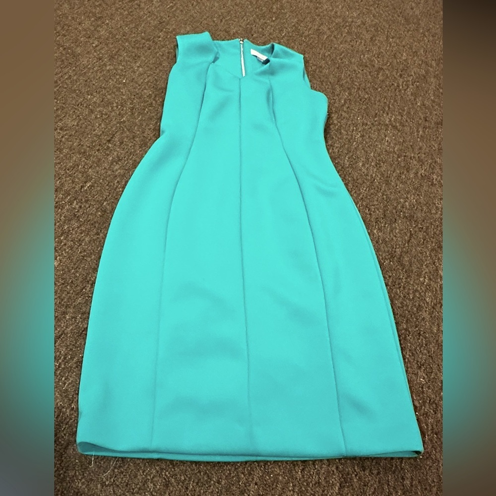 EUC Women’s Calvin Klein Green career straight lined gold zipper dress Sz 8